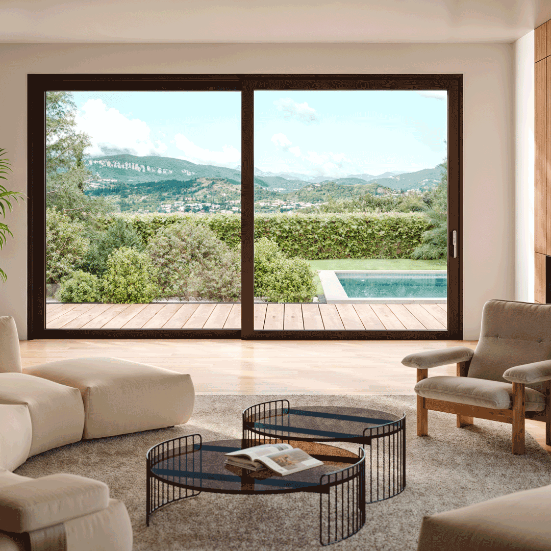 Interno di un soggiorno moderno con grandi porte a vetro che si affacciano su un paesaggio collinare.