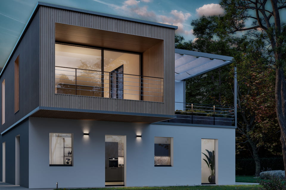 Villa con porte finestre in alluminio Miru Hidden di WnD