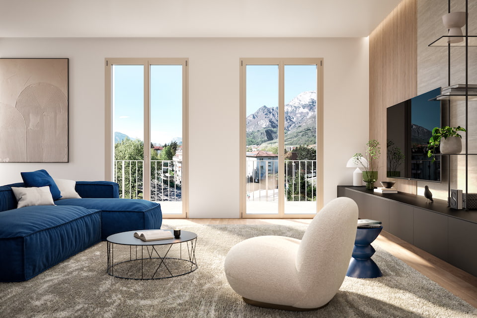 Salotto con porte finestre in alluminio Miru EVO di WnD