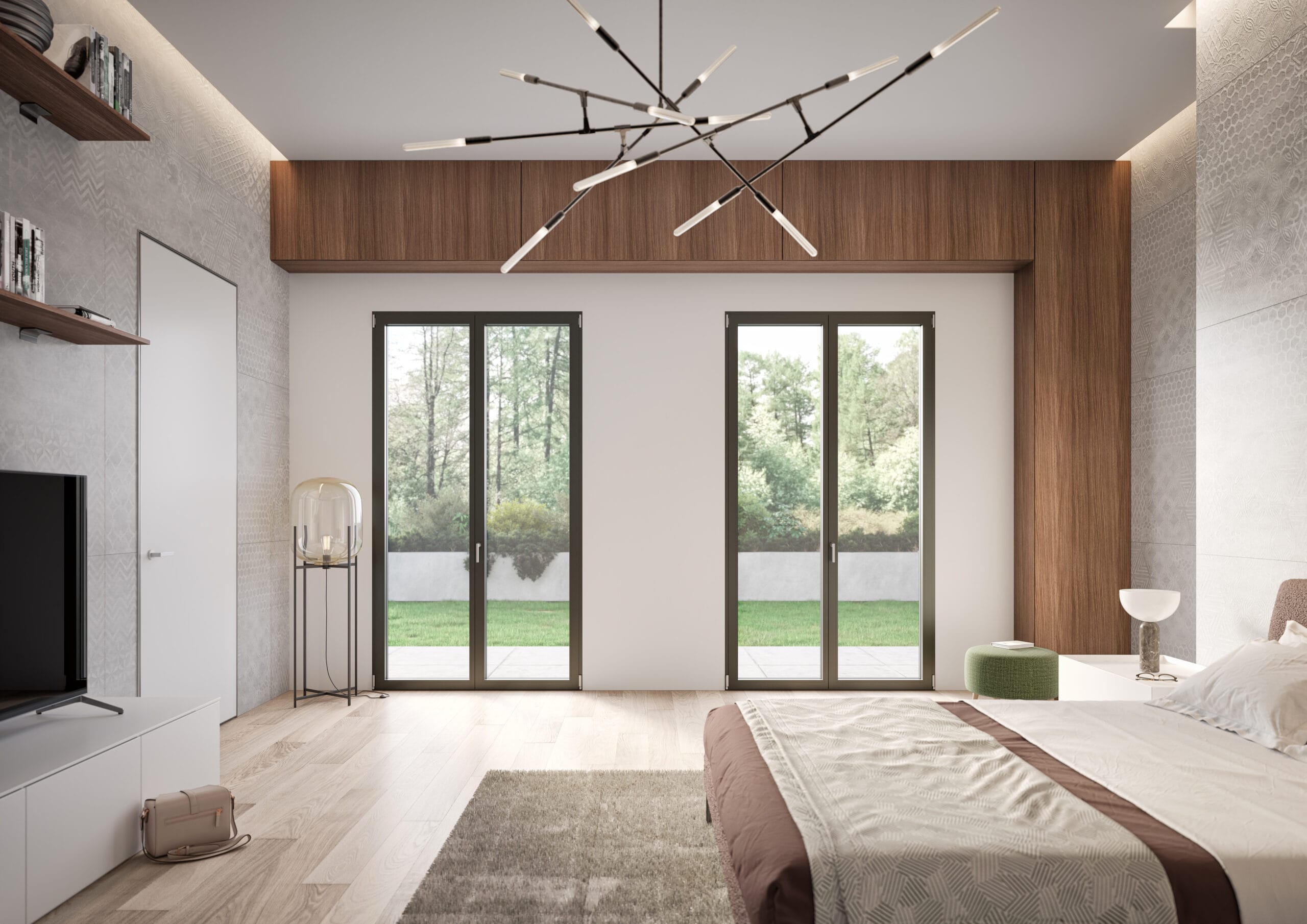 Camera da letto con porte finestre in alluminio Miru Hidden di WnD